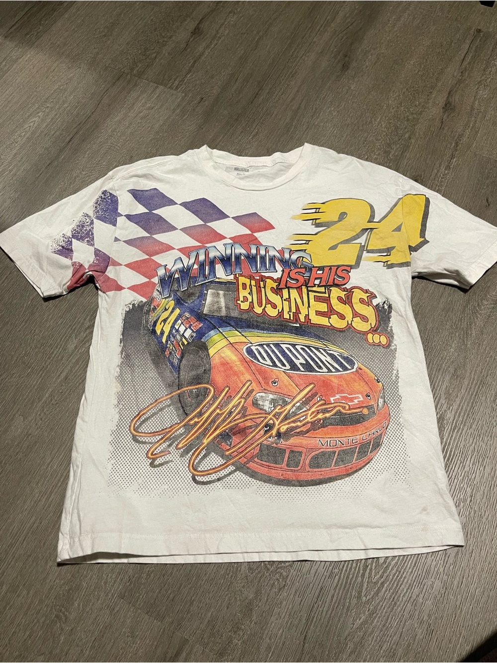 Hollister White Tee with Red, Yellow & Blue Racing Graphic